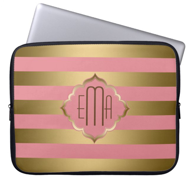 Monogram Guld Rand och Rosa Geometric Mönster Laptop Sleeve (Framsidan)