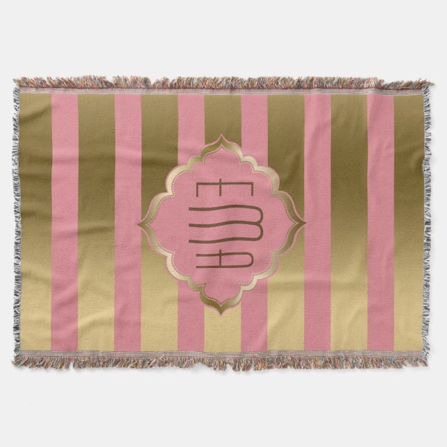 Monogram Guld Rand och Rosa Geometric Mönster Mysfilt (Framsidan)