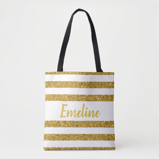 Monogram-guld randig totebag tygkasse (Framsida)