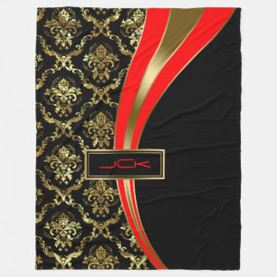 Monogram Guld Red & Black Blommigt Damask 2 Fleecefilt