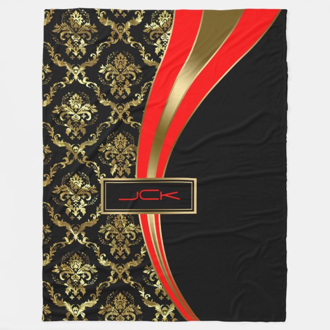 Monogram Guld Red & Black Blommigt Damask 2 Fleecefilt (Framsidan)