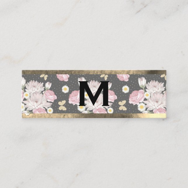 Monogram Guld | Rosa Blommor Mini Visitkort (Framsida)