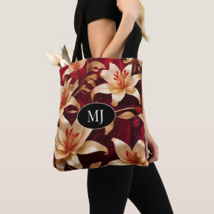 Monogram Guld Rosa Lily On Red Silke Tote Bag Tygkasse