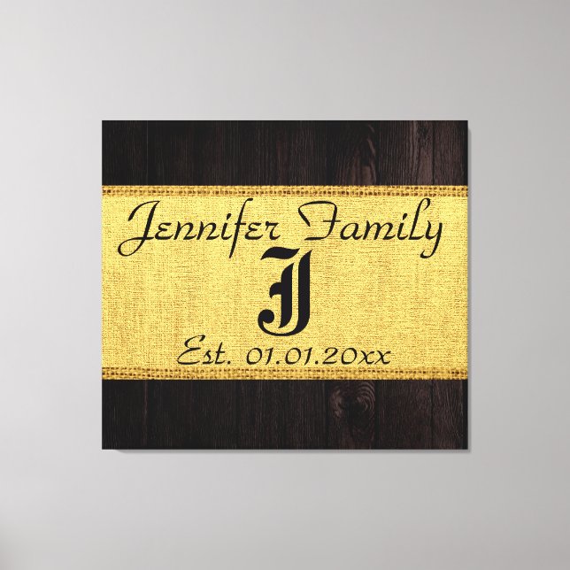 Monogram Guld Rustic Burlap Linen Wood-utseende Canvastryck (Framsida)