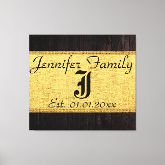 Monogram Guld Rustic Burlap Linen Wood-utseende Canvastryck
