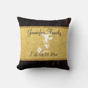 Monogram Guld Rustic Burlap Linen Wood-utseende Kudde