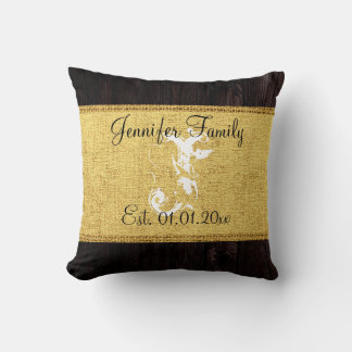 Monogram Guld Rustic Burlap Linen Wood-utseende Kudde