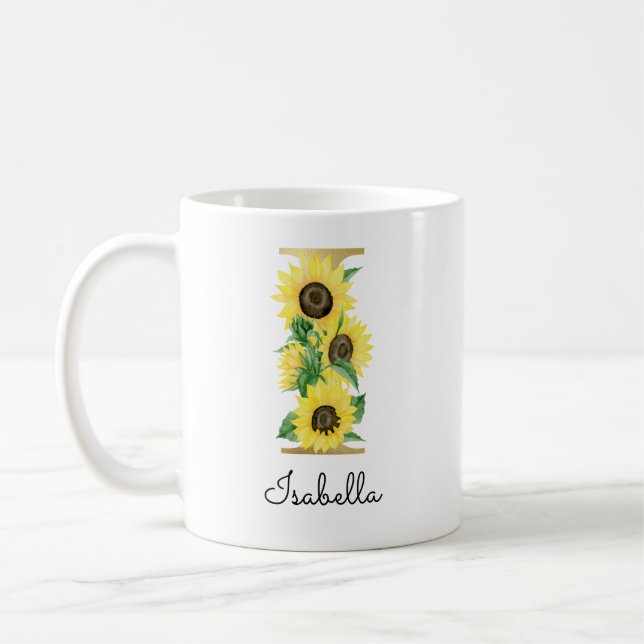 Monogram Guld Solros Blommig Initial I Kaffemugg (Vänster)