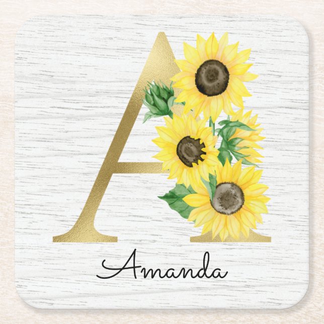 Monogram Guld Solros Girlig Blommig Initial A Underlägg Papper Kvadrat (Framsidan)