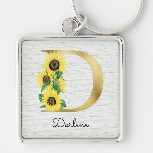 Monogram Guld Solros Girlig Blommig Initial D Fyrkantig Silverfärgad Nyckelring (Framsidan)