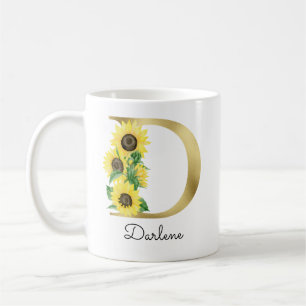 Monogram Guld Solros Girlig Blommig Initial D Kaffemugg