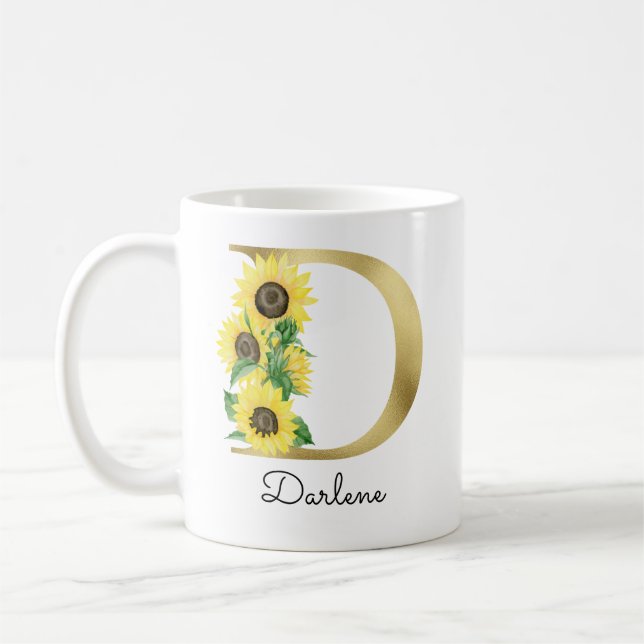 Monogram Guld Solros Girlig Blommig Initial D Kaffemugg (Vänster)