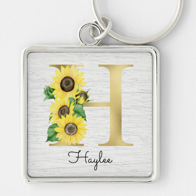 Monogram Guld Solros Girlig Blommig Initial H Fyrkantig Silverfärgad Nyckelring (Framsidan)