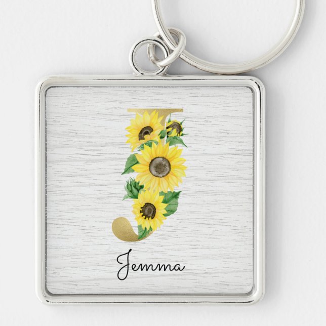 Monogram Guld Solros Girlig Blommig Initial J Fyrkantig Silverfärgad Nyckelring (Framsidan)