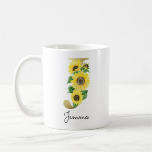 Monogram Guld Solros Girlig Blommig Initial J Kaffemugg