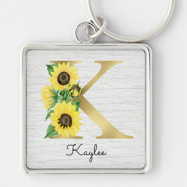 Monogram Guld Solros Girlig Blommig Initial K Fyrkantig Silverfärgad Nyckelring (Framsidan)