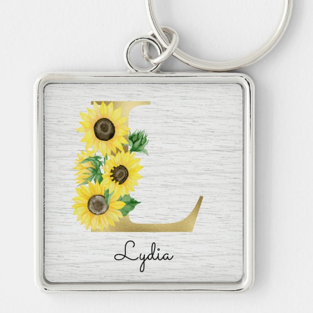 Monogram Guld Solros Girlig Blommig Initial L Fyrkantig Silverfärgad Nyckelring (Framsidan)