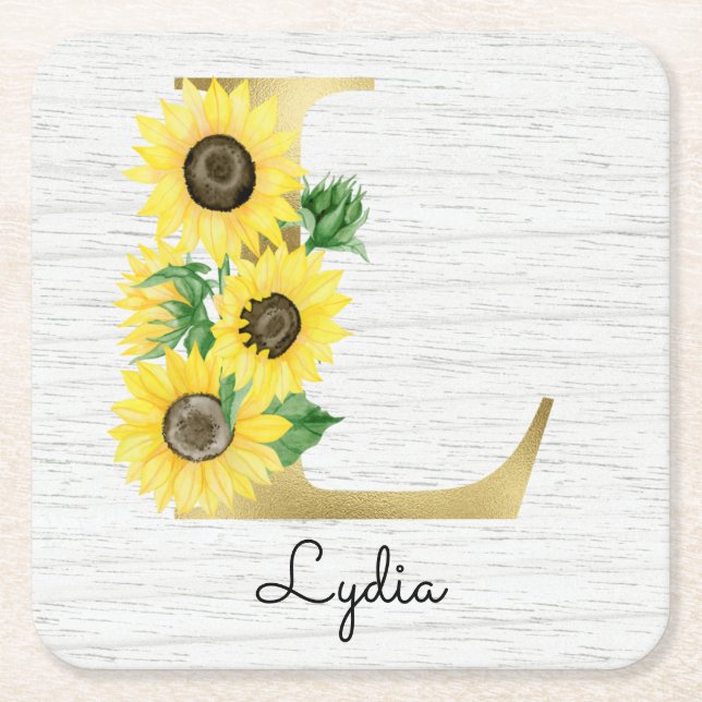 Monogram Guld Solros Girlig Blommig Initial L Underlägg Papper Kvadrat (Framsidan)