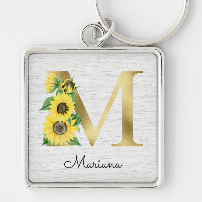 Monogram Guld Solros Girlig Blommig Initial M Fyrkantig Silverfärgad Nyckelring (Framsidan)