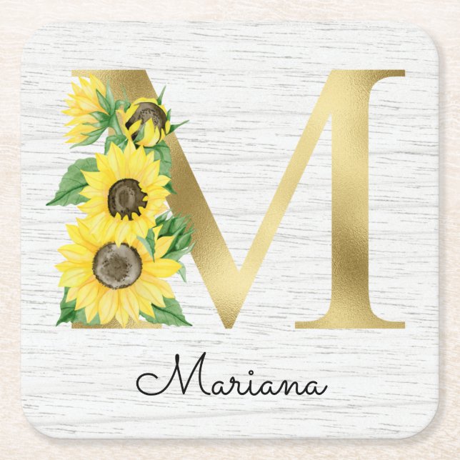 Monogram Guld Solros Girlig Blommig Initial M Underlägg Papper Kvadrat (Framsidan)