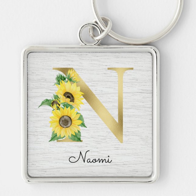 Monogram Guld Solros Girlig Blommig Initial N Fyrkantig Silverfärgad Nyckelring (Framsidan)