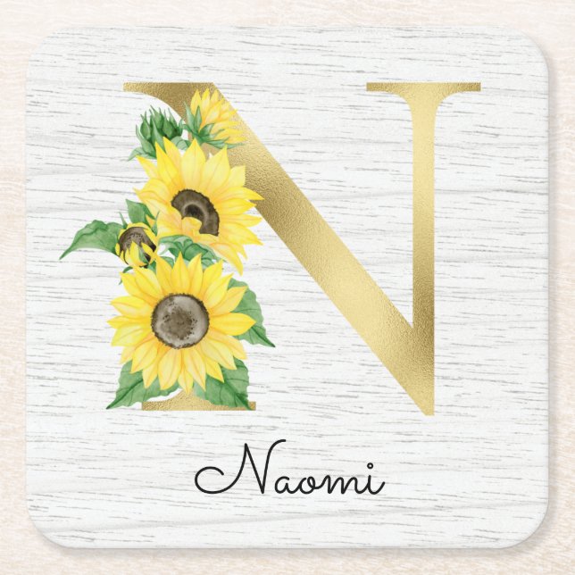 Monogram Guld Solros Girlig Blommig Initial N Underlägg Papper Kvadrat (Framsidan)