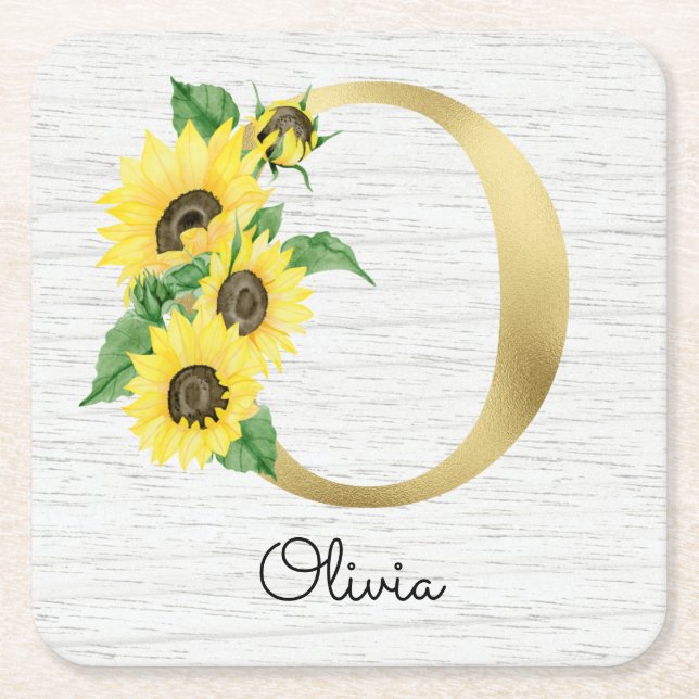 Monogram Guld Solros Girlig Blommig Initial O Underlägg Papper Kvadrat (Framsidan)