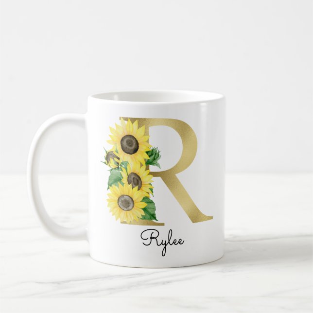 Monogram Guld Solros Girlig Blommig Initial R Kaffemugg (Vänster)