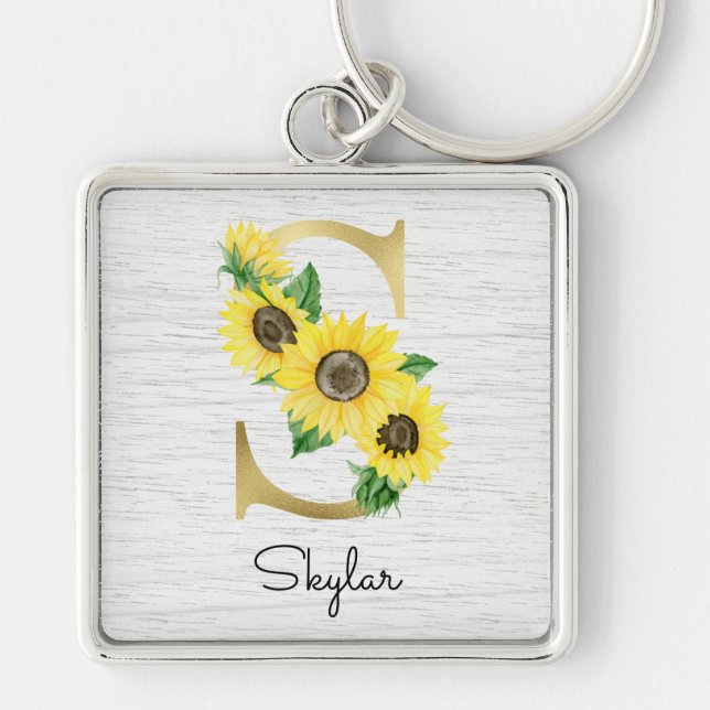 Monogram Guld Solros Girlig Blommig Initial S Fyrkantig Silverfärgad Nyckelring (Framsidan)