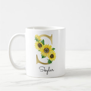 Monogram Guld Solros Girlig Blommig Initial S Kaffemugg