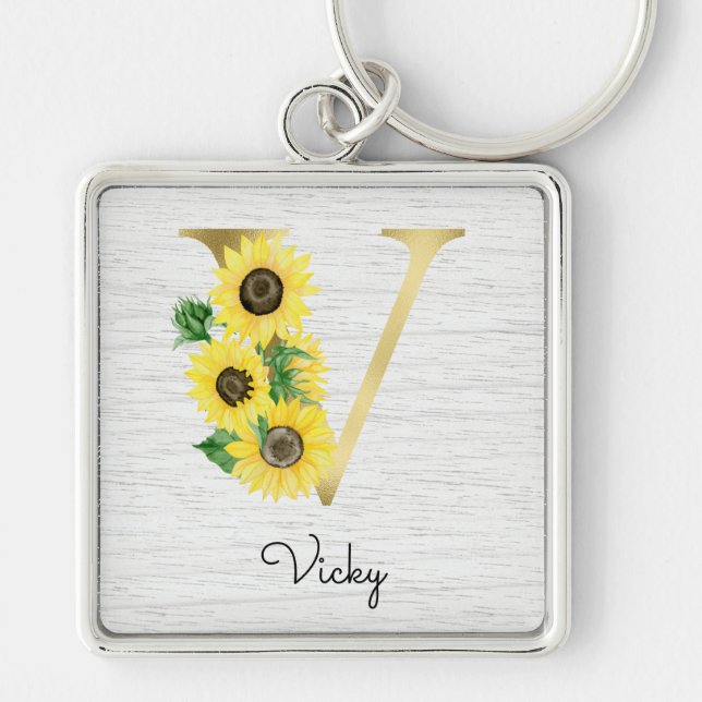 Monogram Guld Solros Girlig Blommig Initial V Fyrkantig Silverfärgad Nyckelring (Framsidan)