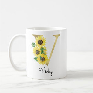 Monogram Guld Solros Girlig Blommig Initial V Kaffemugg