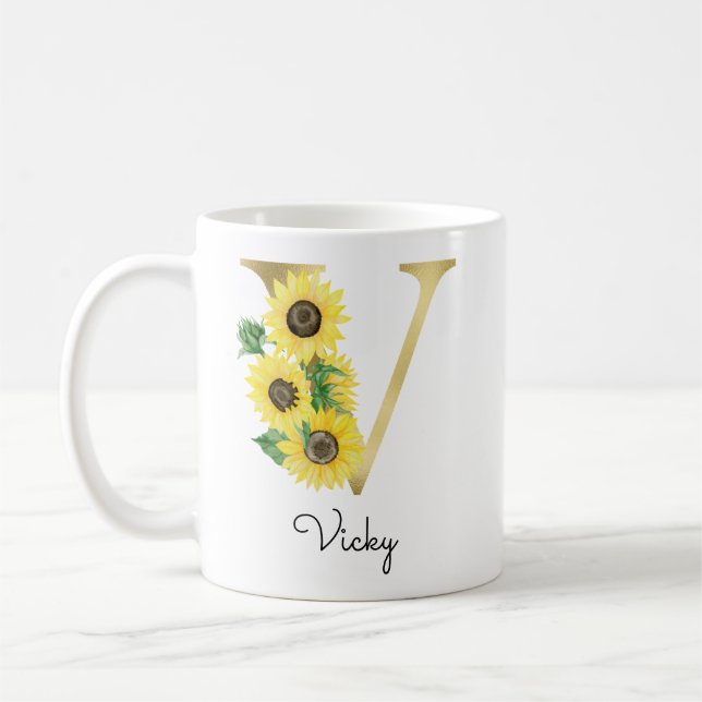 Monogram Guld Solros Girlig Blommig Initial V Kaffemugg (Vänster)