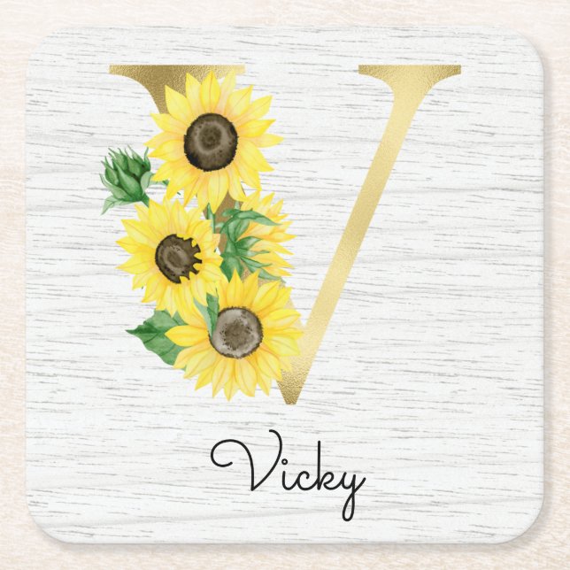 Monogram Guld Solros Girlig Blommig Initial V Underlägg Papper Kvadrat (Framsidan)
