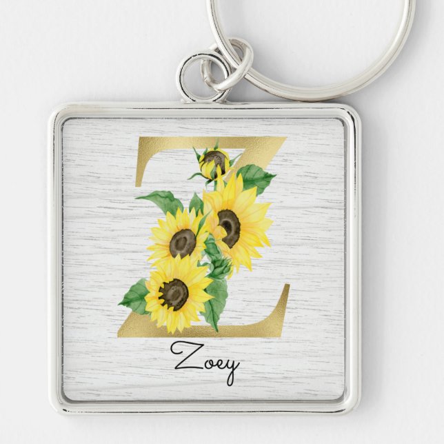 Monogram Guld Solros Girlig Blommig Initial Z Fyrkantig Silverfärgad Nyckelring (Framsidan)