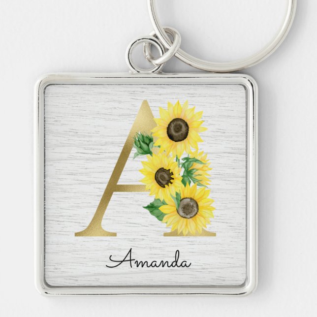 Monogram Guld Solros Girly Blommig Initial A Fyrkantig Silverfärgad Nyckelring (Framsidan)