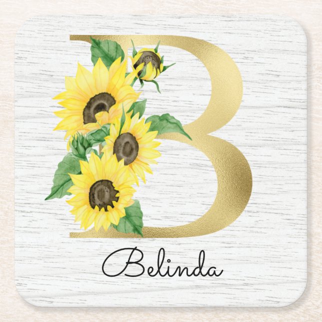 Monogram Guld Solros Girly Blommig Initial B Underlägg Papper Kvadrat (Framsidan)