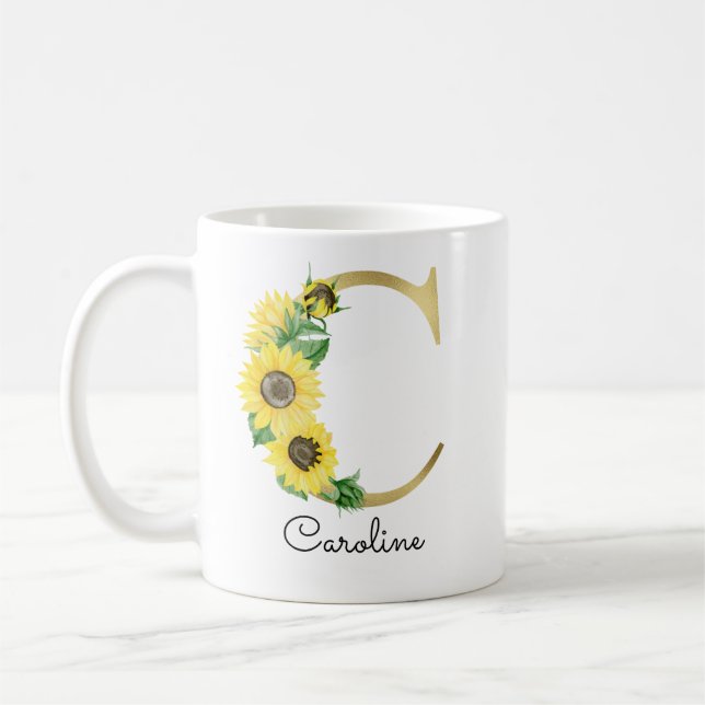 Monogram Guld Solros Girly Blommig Initial C Kaffemugg (Vänster)