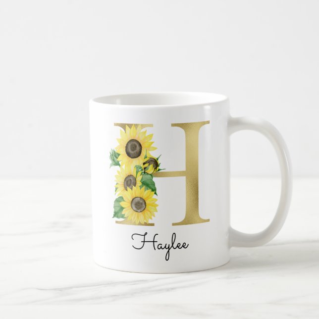 Monogram Guld Solros Girly Blommig Initial H Kaffemugg (Höger)