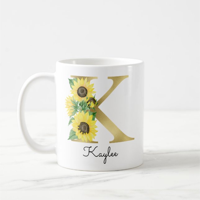 Monogram Guld Solros Girly Blommig Initial K Kaffemugg (Vänster)