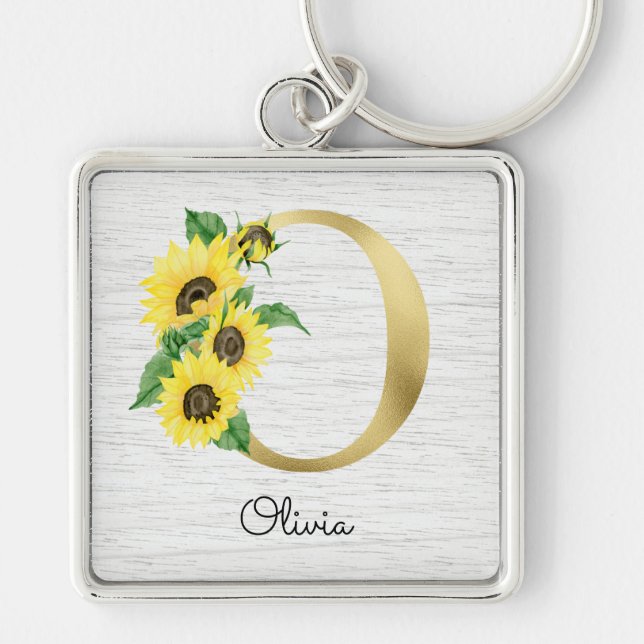 Monogram Guld Solros Girly Blommig Initial O Fyrkantig Silverfärgad Nyckelring (Framsidan)