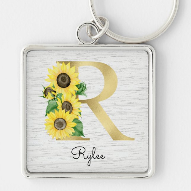 Monogram Guld Solros Girly Blommig Initial R Fyrkantig Silverfärgad Nyckelring (Framsidan)