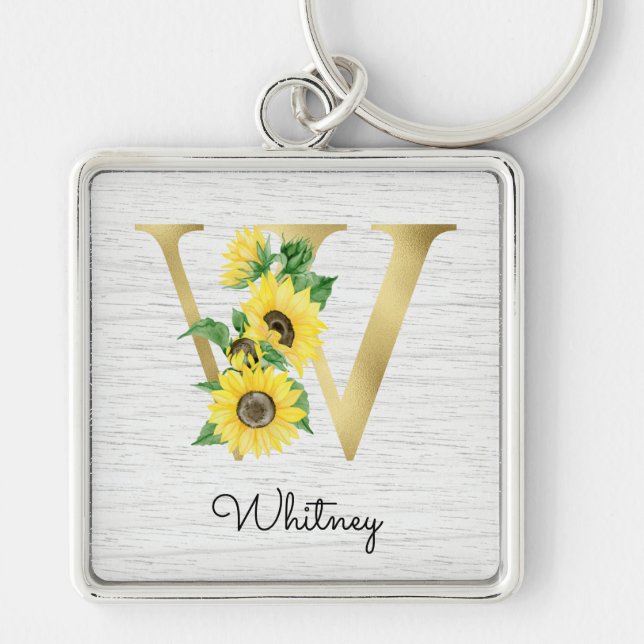Monogram Guld Solros Girly Blommig Initial W Fyrkantig Silverfärgad Nyckelring (Framsidan)