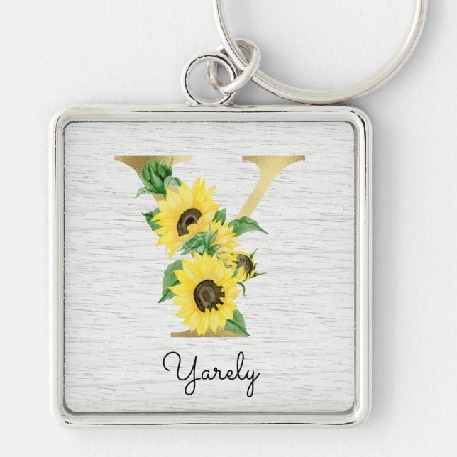 Monogram Guld Solros Girly Blommig Initial Y Fyrkantig Silverfärgad Nyckelring (Framsidan)