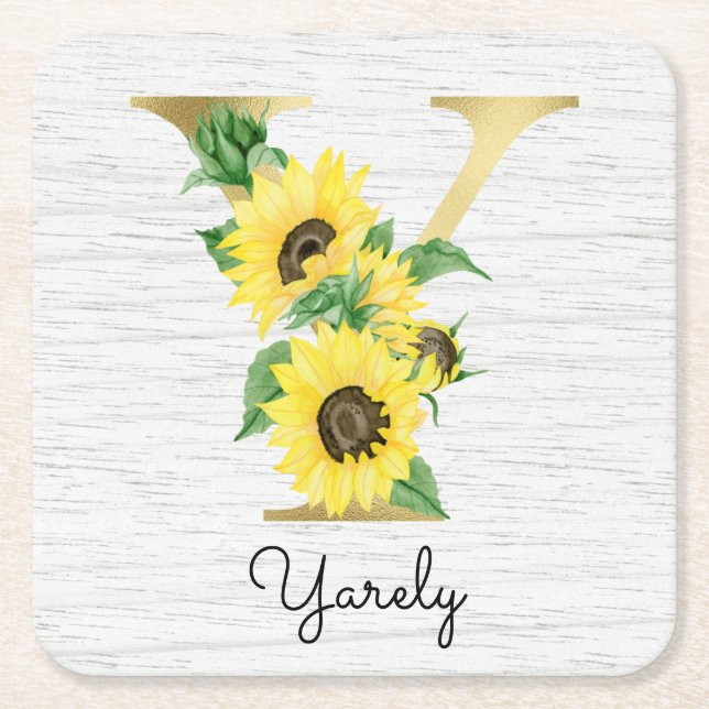Monogram Guld Solros Girly Blommig Initial Y Underlägg Papper Kvadrat (Framsidan)