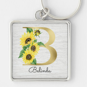 Monogram Guld Solros Girly-Blommigt - första B Fyrkantig Silverfärgad Nyckelring