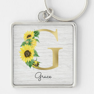 Monogram Guld Solros Girly-Blommigt, första G Fyrkantig Silverfärgad Nyckelring