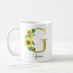 Monogram Guld Solros Girly-Blommigt, första G Kaffemugg