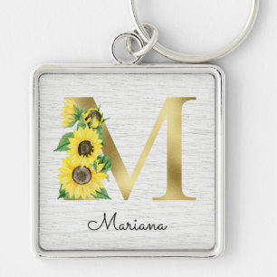 Monogram Guld Solros Girly Blommigt Initial M Fyrkantig Silverfärgad Nyckelring