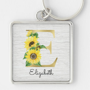 Monogram Guld Solros Girly Blommigt Inledande E Fyrkantig Silverfärgad Nyckelring